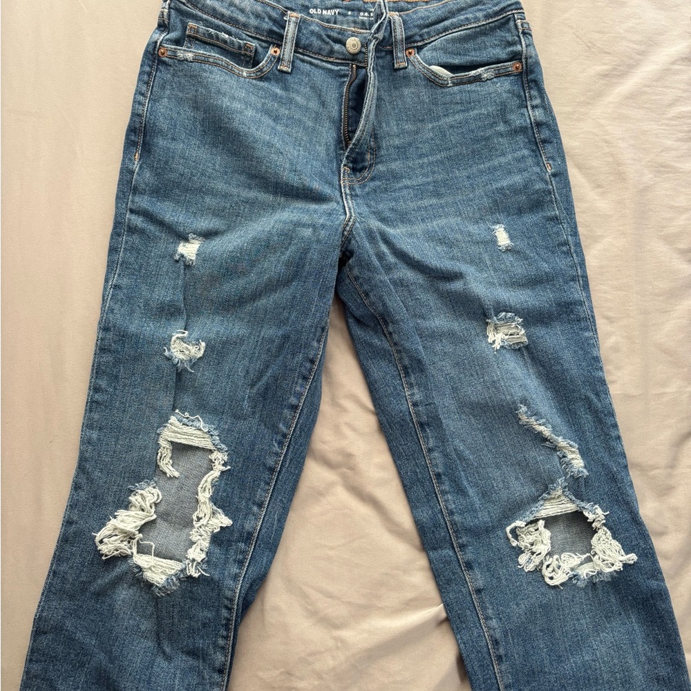 Old Navy Women's Blue Straight Leg Distressed Jeans